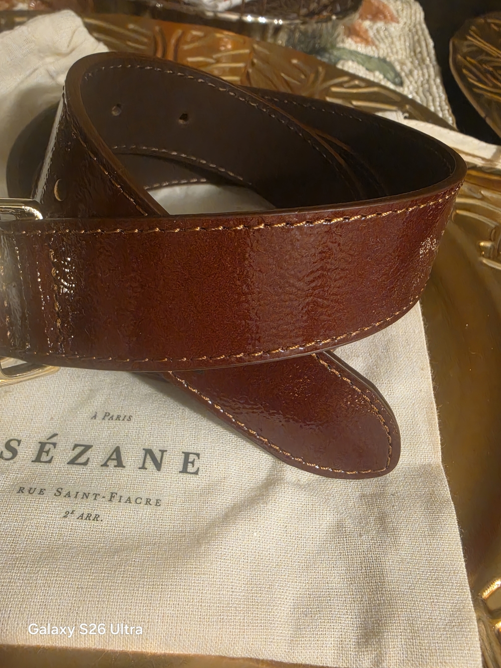 Sezane Brown Gloss Leather Belt with Gold Buckle - Picture 3 of 7